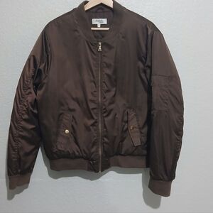 Dark Brown Satin Classic Womens Bomber Jacket Size XL
